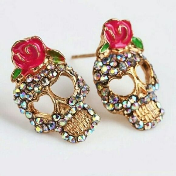 Cute Rose Rhinestone Sugar Skull Earrings - Picture 2 of 3